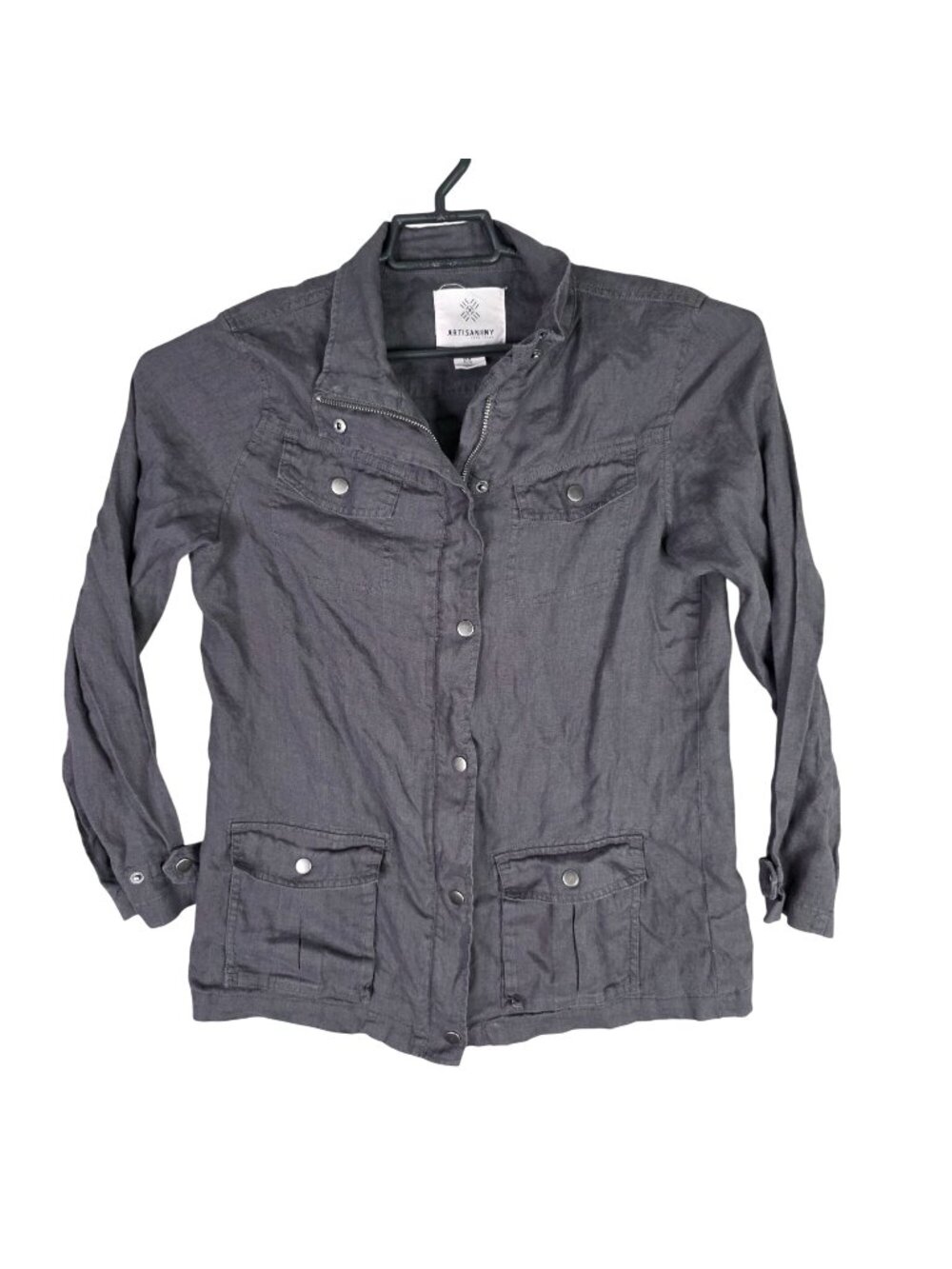 Womens Artisan NY Gray 100% Linen Button Front Utility Jacket Pockets Size M